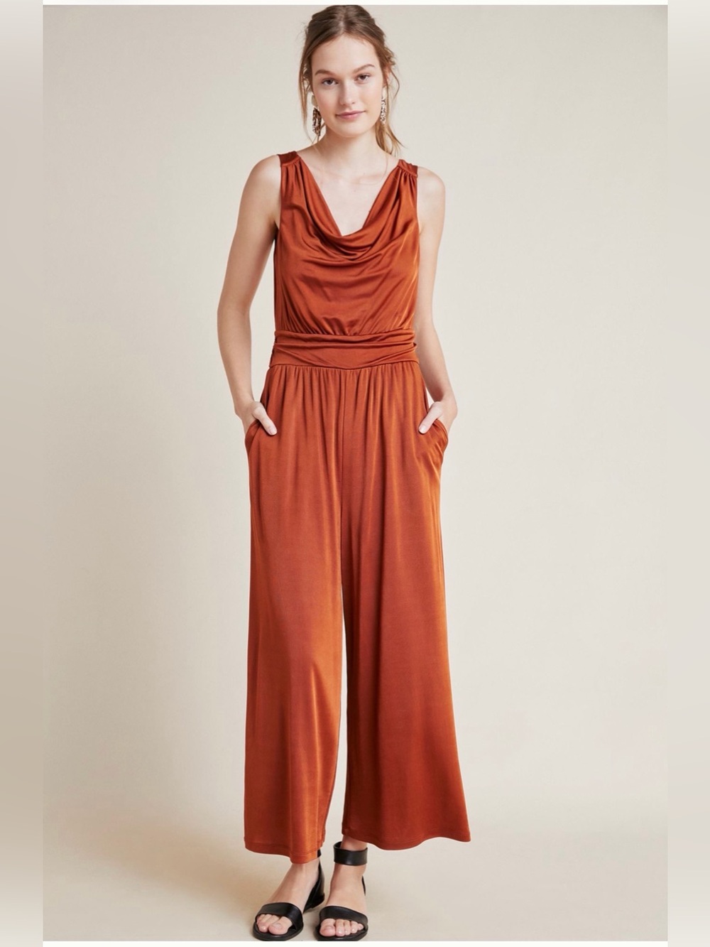 Anthropologie Maeve Enchanted Rust Cowl Neck Wide-Leg Jumpsuit Size L